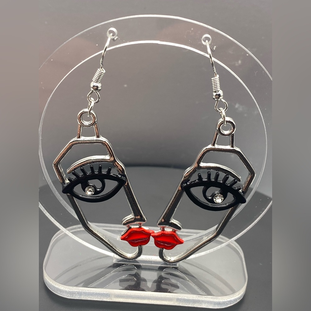 Silver face earrings red lips crystal eyes